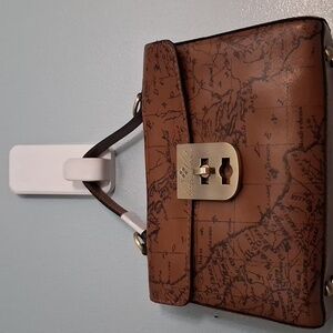 Patricia Nash Brown Leather Signature Map Print Handbag with Crossbag Strap.